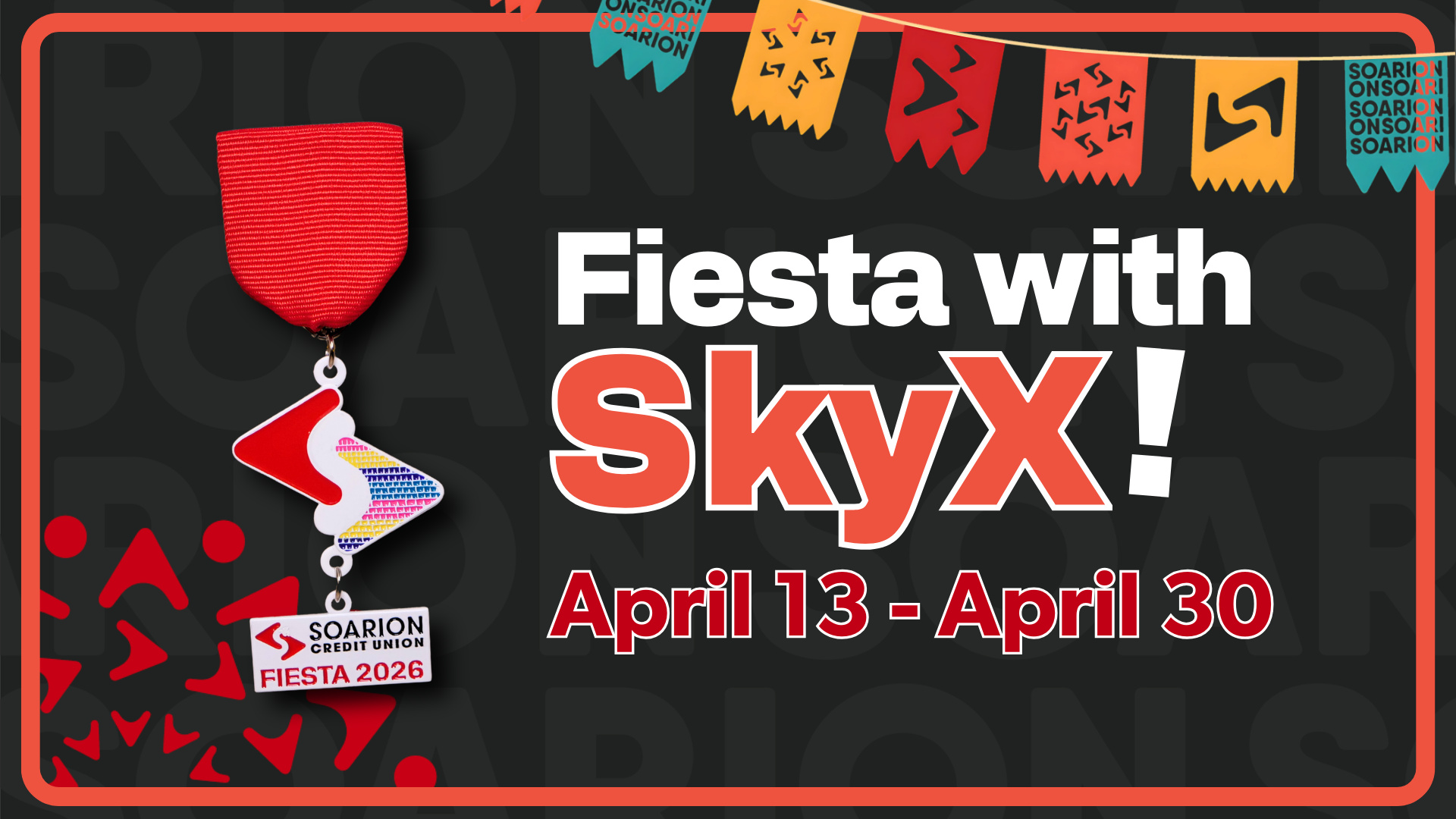 Soarion Fiesta medal against a red and black patterned background and skyx product info