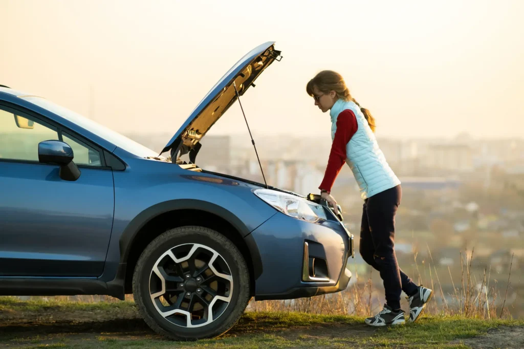 Woman standing beside a car with its hood open on the roadside