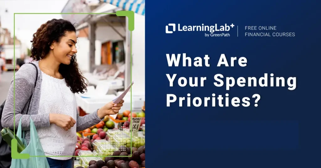 Woman smiling while reviewing a shopping list at a farmers market produce stand