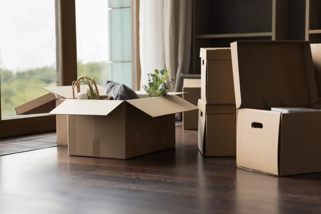 Moving boxes stacked in a room with household items and a plant