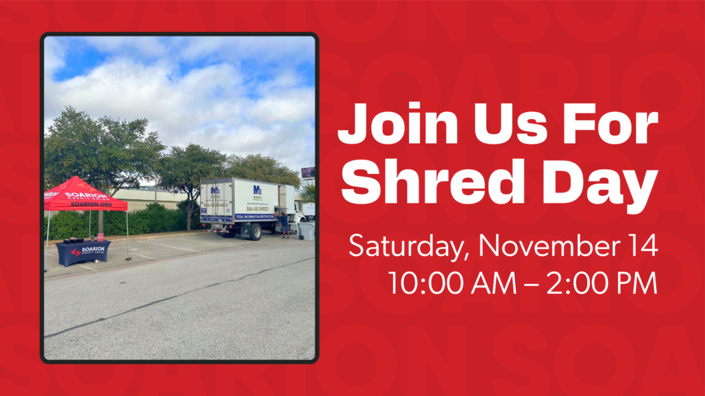 Paper shredder truck next to a tent and table branded Soarion Credit Union. All against a red background with "Join us for shred day" spelled out as the title.